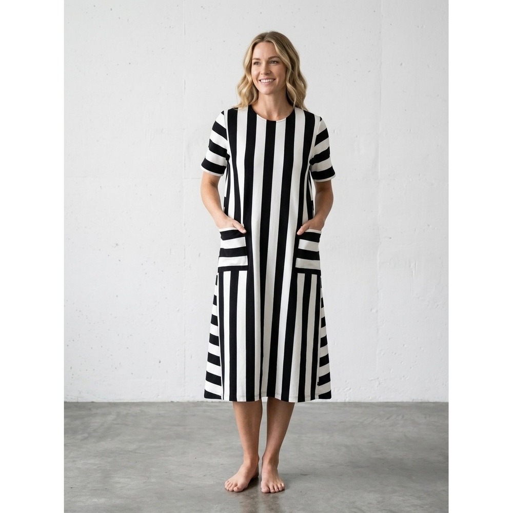 Black & White Striped Midi Dress with Pockets